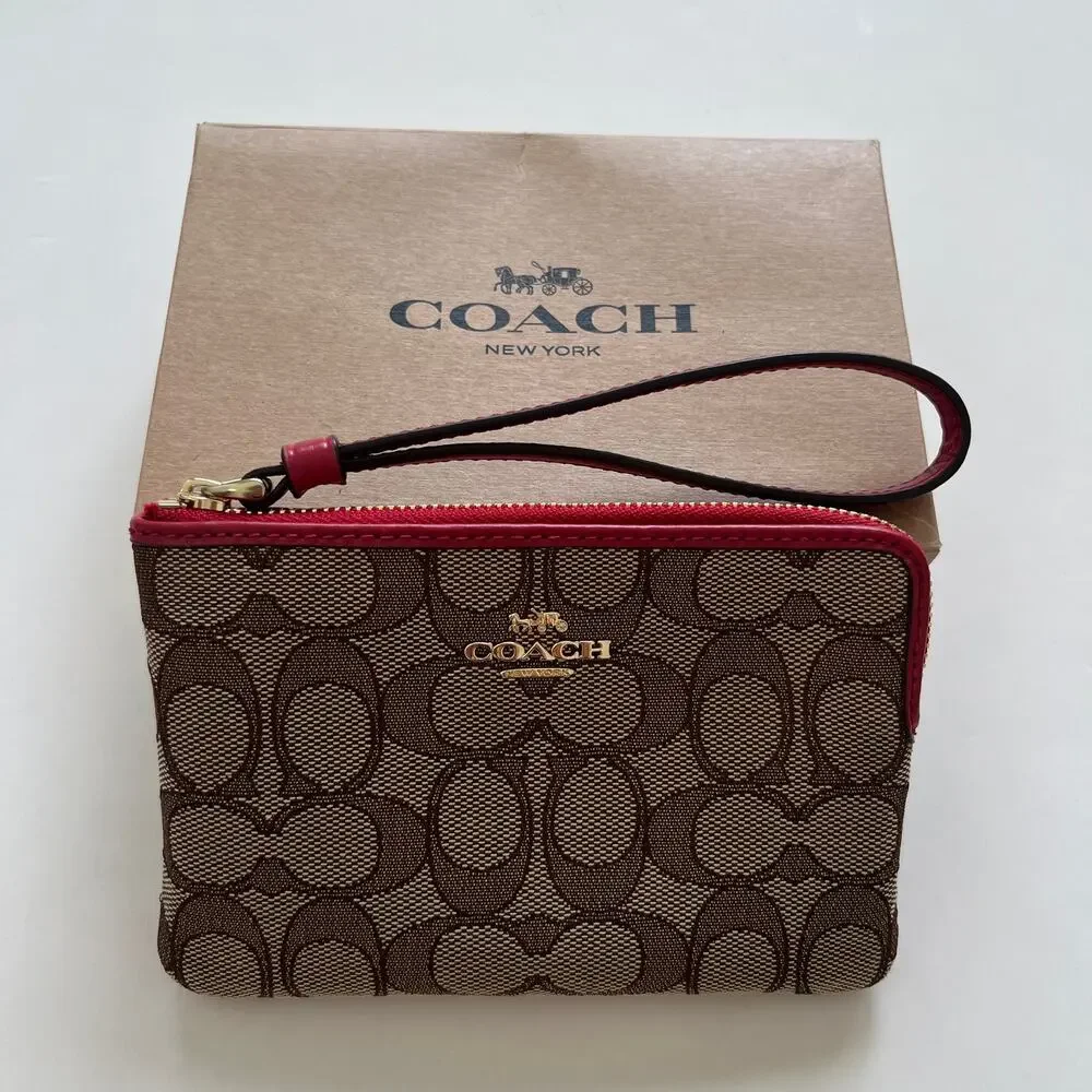 COACH Corner Zip Wristlet in Signature Canvas Khaki True Red